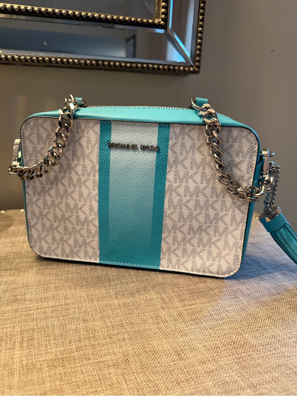 Michael Kors NWOT Turquoise Stripe silver hardware Signature Crossbody Bag